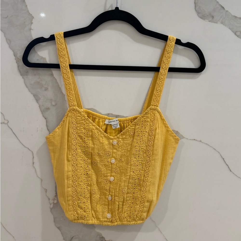 American Eagle XS Mustard Yellow Eyelet Embroidered Crop Tank Top